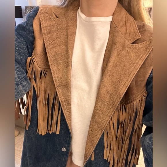 Denim and Tan Fringe Women's Coat - Picture 6 of 10